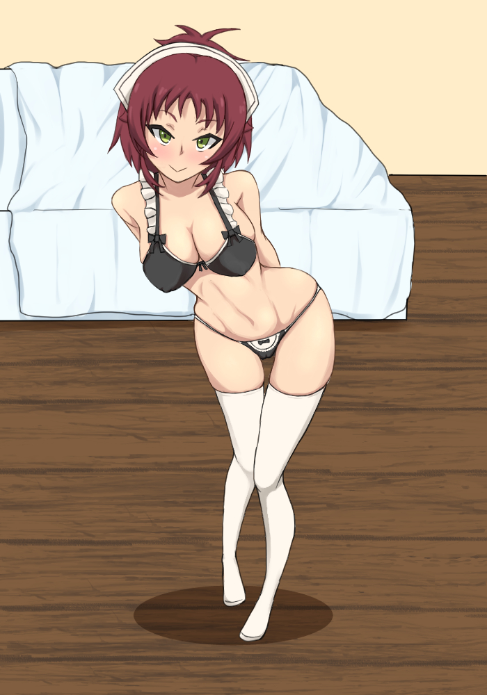 1girl :&gt; aisha_greyrat alternate_breast_size armpit_crease arms_behind_back bed black_bra black_panties blush bra breasts cleavage closed_mouth full-face_blush full_body green_eyes large_breasts leaning_to_the_side looking_at_viewer maid_headdress mushoku_tensei navel panties parts_(missing1919) red_hair shadow smile solo stomach thigh_gap thighhighs underwear white_headdress white_thighhighs