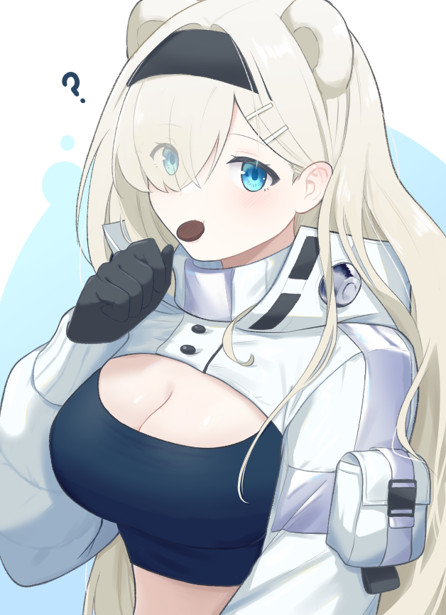 10_(xknn5488) 1girl ? animal_ears arknights aurora_(arknights) bear_ears black_gloves black_hairband black_shirt blue_eyes breasts cleavage commentary_request crop_top gloves hair_ornament hair_over_one_eye hairband hairclip hand_up large_breasts long_hair long_sleeves looking_at_viewer midriff mouth_hold pouch shirt shrug_(clothing) solo upper_body very_long_hair white_hair