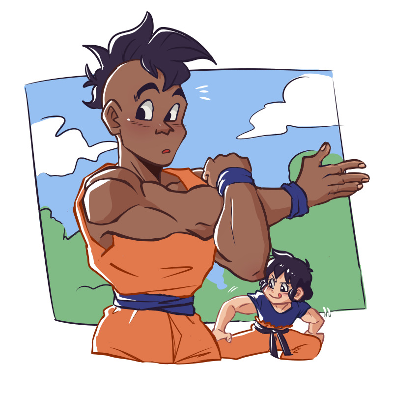 1boy 1girl black_eyes black_hair blush dragon_ball looking_at_viewer muscular muscular_female muscular_male pan_(dragon_ball) tagme uub warming_up