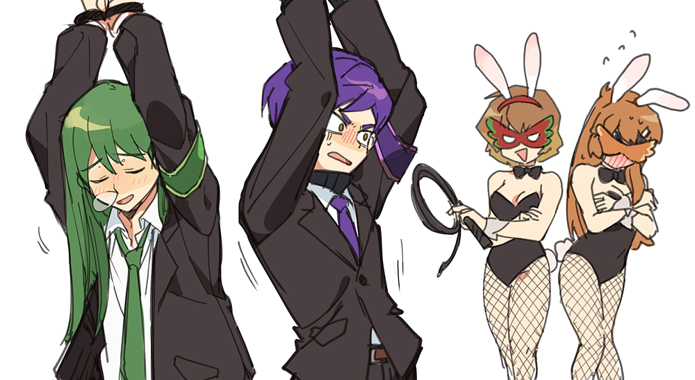 2boys 2girls animal_ears armband arms_up bdsm black_bow black_bowtie black_jacket black_leotard blush bound bound_wrists bow bowtie brown_eyes closed_eyes collared_shirt covering_breasts covering_privates dress_shirt eye_mask eyebrow_cut feet_out_of_frame fishnet_pantyhose fishnets formal_clothes green_armband green_hair hairband hod_(project_moon) holding holding_whip jacket lapels leotard lobotomy_corporation long_hair malkuth_(project_moon) medu_(rubish) multiple_boys multiple_girls necktie netzach_(project_moon) nose_bubble open_clothes open_jacket pantyhose playboy_bunny project_moon purple_armband purple_hair purple_necktie rabbit_ears rabbit_tail scared shirt short_hair sleeping sleeping_upright smile straight_hair strapless strapless_leotard suit suit_jacket tail thick_eyebrows upper_body v-shaped_eyebrows white_background white_shirt wrist_cuffs yesod_(project_moon)