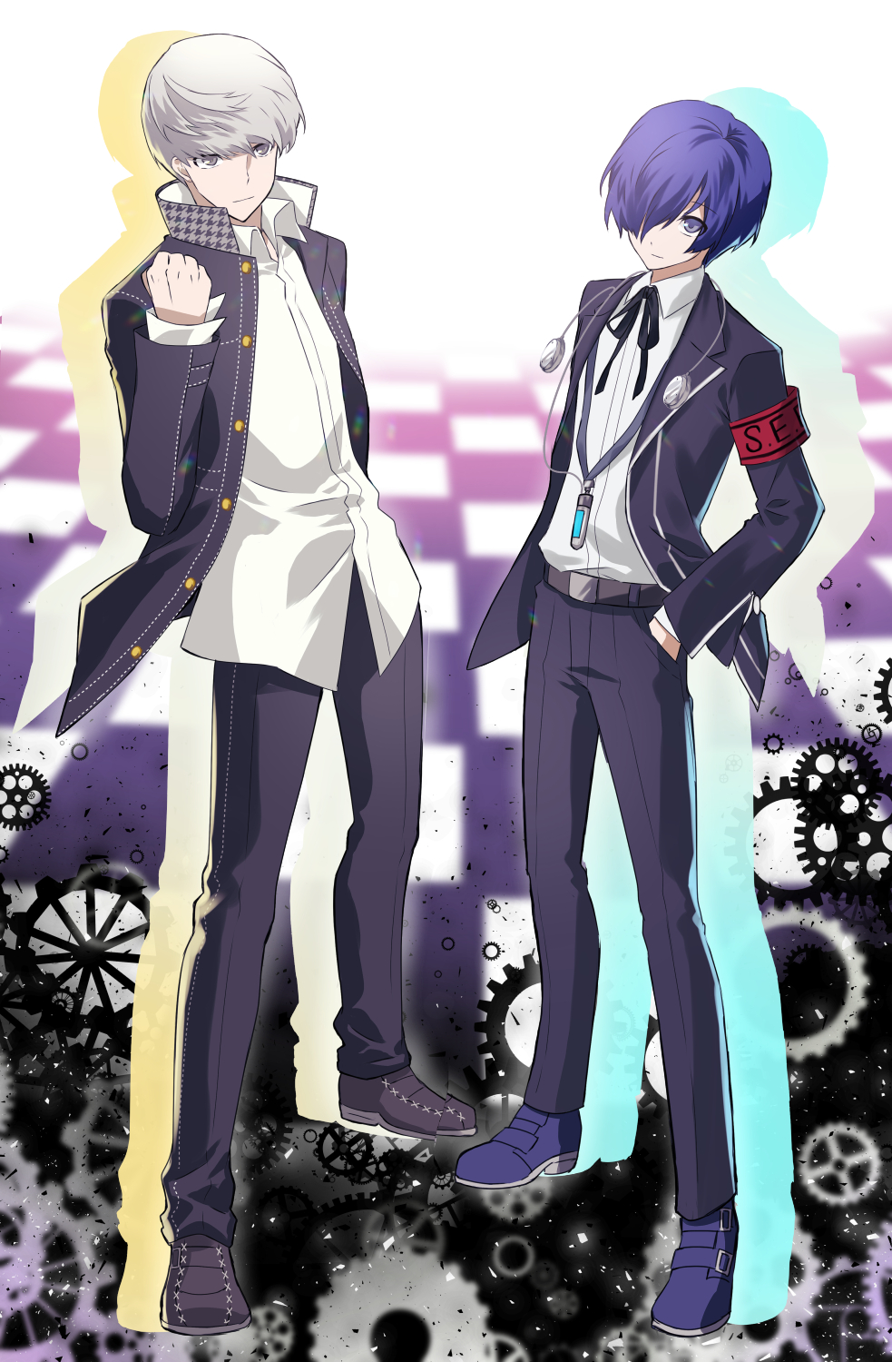 2boys armband black_jacket black_pants black_ribbon blue_hair clenched_hand collared_shirt commentary_request digital_media_player digital_walkman drop_shadow earphones full_body gears gekkoukan_high_school_uniform grey_eyes grey_hair hair_over_one_eye hand_up hands_in_pockets highres jacket long_sleeves looking_at_viewer male_focus multiple_boys narukami_yuu neck_ribbon open_clothes open_jacket pants persona persona_3 persona_4 persona_q:_shadow_of_the_labyrinth persona_q_(series) red_armband ribbon s.e.e.s school_uniform shirt short_hair solo standing tsukitaka white_shirt yasogami_school_uniform yuuki_makoto_(persona_3)