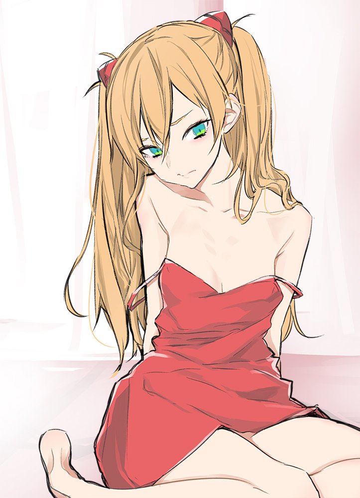 1girl bare_legs bare_shoulders barefoot breasts dress female_focus frown green_eyes hair_between_eyes hair_ornament light_brown_hair looking_down neon_genesis_evangelion red_dress sasetsu sitting small_breasts solo soryu_asuka_langley souryuu_asuka_langley strap_slip two_side_up yokozuwari