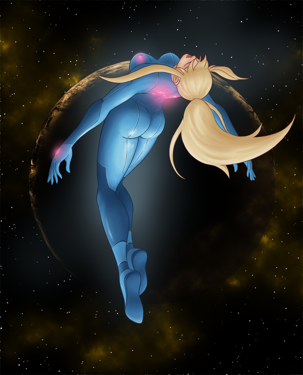 1girl arched_back arms_at_sides artist_request ass back blonde_hair blue_bodysuit blue_eyes bodysuit breasts closed_eyes collarbone eyelashes female_focus floating floating_hair from_behind full_body glowing_clothes hair_between_eyes high_ponytail highres large_breasts legs legs_together lips long_hair metroid metroid:_zero_mission mole mole_under_mouth neck nintendo outstretched_arms planet ponytail print_bodysuit samus_aran shoe_soles sidelocks skin_tight sky space star_(sky) starry_sky swept_bangs thighs turtleneck turtleneck_bodysuit zero_suit