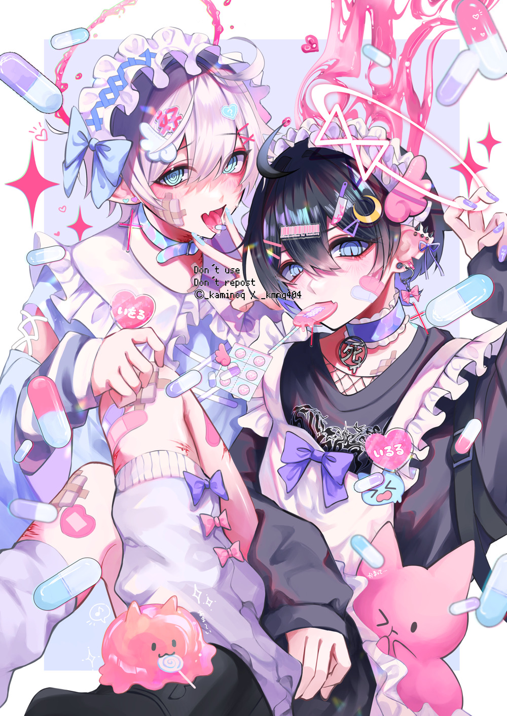 2boys angel angel_wings apron aqua_eyes badge bandaid barbell_piercing barcode black_hair black_shirt blue_bow bodysuit bow button_badge candy collar crescent crescent_hair_ornament crossdressing decora demon detached_sleeves ear_piercing earrings fang fishnet_bodysuit fishnets food hair_ornament hairclip halo heart heart-shaped_bandaid heart_hair_ornament highres industrial_piercing jewelry kaminoq knife_hair_ornament leg_warmers lollipop long_sleeves looking_at_viewer maid maid_apron male_focus male_maid melting_halo multiple_boys nail_polish open_mouth original piercing pill pill_on_tongue pink_bow pointy_ears purple_bow red_halo self-harm_scar shirt siblings skin_fang slime_(creature) slime_(substance) smile sparkle trap twins v white_shirt wing_hair_ornament wings x_hair_ornament yami_kawaii yume_kawaii