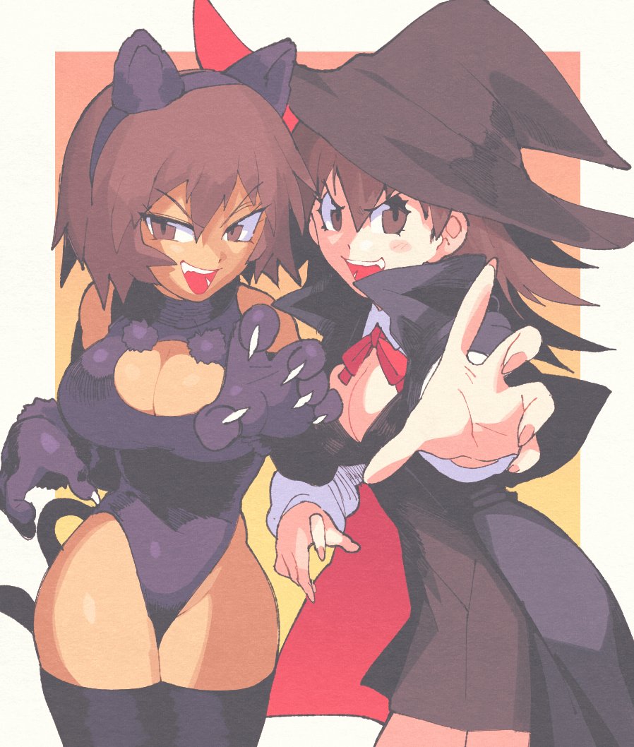 2girls animal_costume animal_ears azumanga_daiou black_cloak black_dress black_gloves black_hat black_thighhighs blush bow breasts brown_eyes brown_hair cat_costume cat_ears cat_tail claws cleavage cleavage_cutout cloak clothing_cutout detached_sleeves dress evil_smile fang gloves halloween halloween_costume hat high_collar highleg highleg_leotard inkerton-kun kagura_(azumanga_daioh) large_breasts leotard long_hair multiple_girls red_bow short_hair smile tail takino_tomo thighhighs thighs witch witch_hat