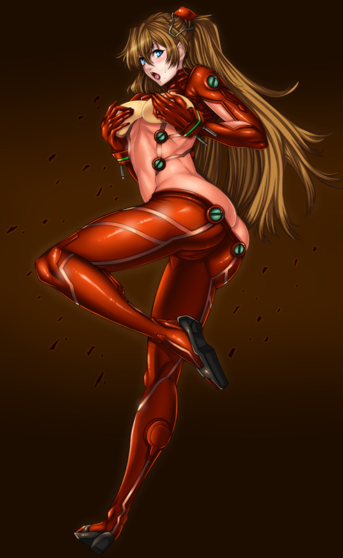 1girl alternate_breast_size asagiri ass blue_eyes blush bodysuit breasts brown_hair butt_crack cameltoe covered_navel covering_breasts covering_privates curvy evangelion:_2.0_you_can_(not)_advance full_body huge_ass lips long_hair looking_at_viewer mecha_pilot_suit multicolored_bodysuit multicolored_clothes neon_genesis_evangelion plugsuit rebuild_of_evangelion red_bodysuit shiny_clothes shiny_skin simple_background skin_tight solo souryuu_asuka_langley sweat test_plugsuit tsundere two_side_up very_long_hair wide_hips