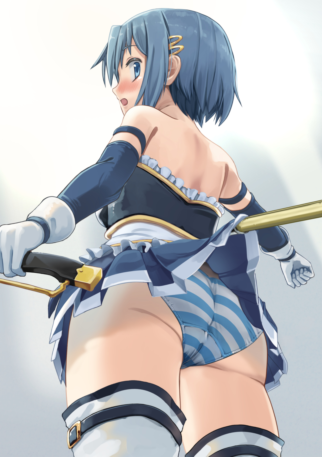 1girl armlet ass bare_shoulders blue_gloves blue_hair blue_panties blue_shirt blue_skirt blush boots chicken_(chickenx) clothes_lift cowboy_shot crotch_seam elbow_gloves frilled_shirt frills from_behind gloves hair_ornament hairclip highres holding holding_sword holding_weapon jewelry lifting_another&#039;s_clothes looking_at_viewer looking_back magical_girl mahou_shoujo_madoka_magica mahou_shoujo_madoka_magica_(anime) miki_sayaka miki_sayaka_(magical_girl) miniskirt open_mouth panties pleated_skirt polearm shirt short_hair skirt skirt_lift spear standing striped_clothes striped_panties sword thigh_boots thigh_strap thighhighs underwear weapon white_footwear white_gloves