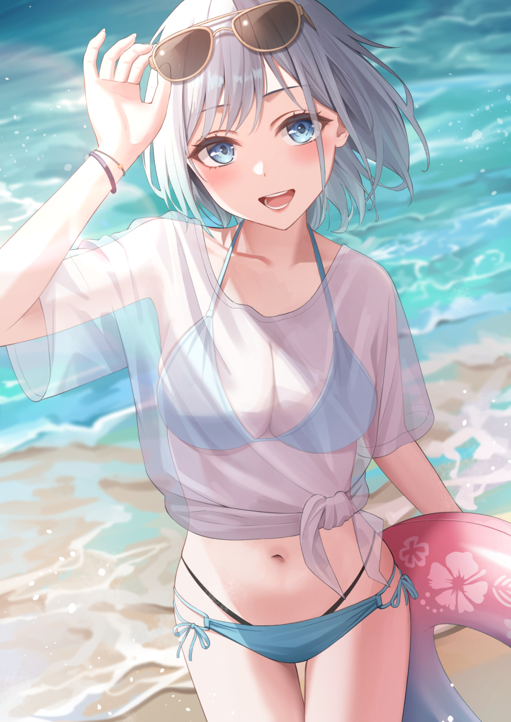 1girl beach bikini blue_bikini blue_eyes blush breasts cleavage commentary_request day eyewear_on_head fujizarashi grey_hair highres innertube looking_at_viewer medium_breasts melonbooks navel open_mouth original outdoors see-through_clothes see-through_shirt shirt short_hair smile solo sunglasses swim_ring swimsuit thigh_gap water