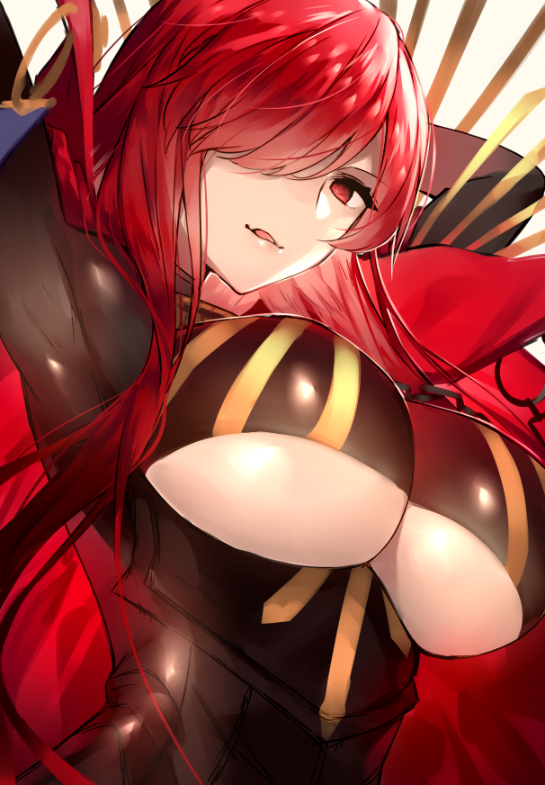 1girl arm_up black_bodysuit bodysuit breasts cape clothing_cutout fate/grand_order fate_(series) grin hair_over_one_eye large_breasts licking_lips long_hair looking_at_viewer oda_nobunaga oda_nobunaga_(fate) oda_nobunaga_(koha-ace) oda_nobunaga_(maou_avenger)_(fate) parted_lips red_eyes red_hair skindentation smile solo sora_72-iro tongue tongue_out underboob underboob_cutout upper_body very_long_hair