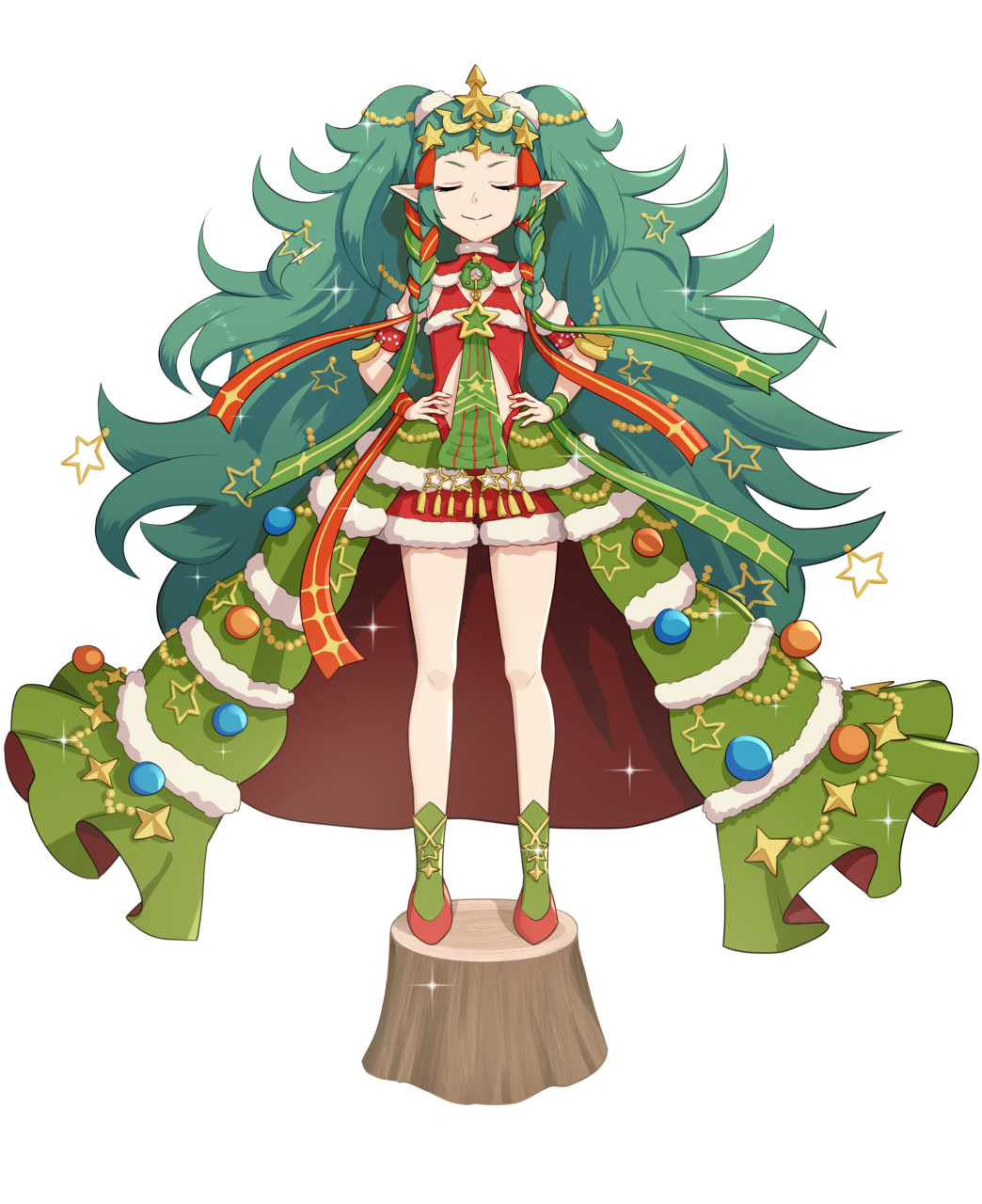 1girl armband bare_legs big_hair braid christmas christmas_lights christmas_tree christmas_tree_costume closed_eyes dress fire_emblem fire_emblem:_three_houses fire_emblem_heroes flat_chest full_body fur_trim gonzarez green_hair green_necktie hair_ornament hands_on_own_hips highres long_hair necktie nintendo official_alternate_costume pointy_ears red_footwear ribbon santa_costume shoes short_dress side_braids simple_background smirk solo sothis_(fire_emblem) sothis_(winter)_(fire_emblem) sparkle standing star_(symbol) thighs tiara tree_stump twin_braids very_long_hair wavy_hair white_background wristband