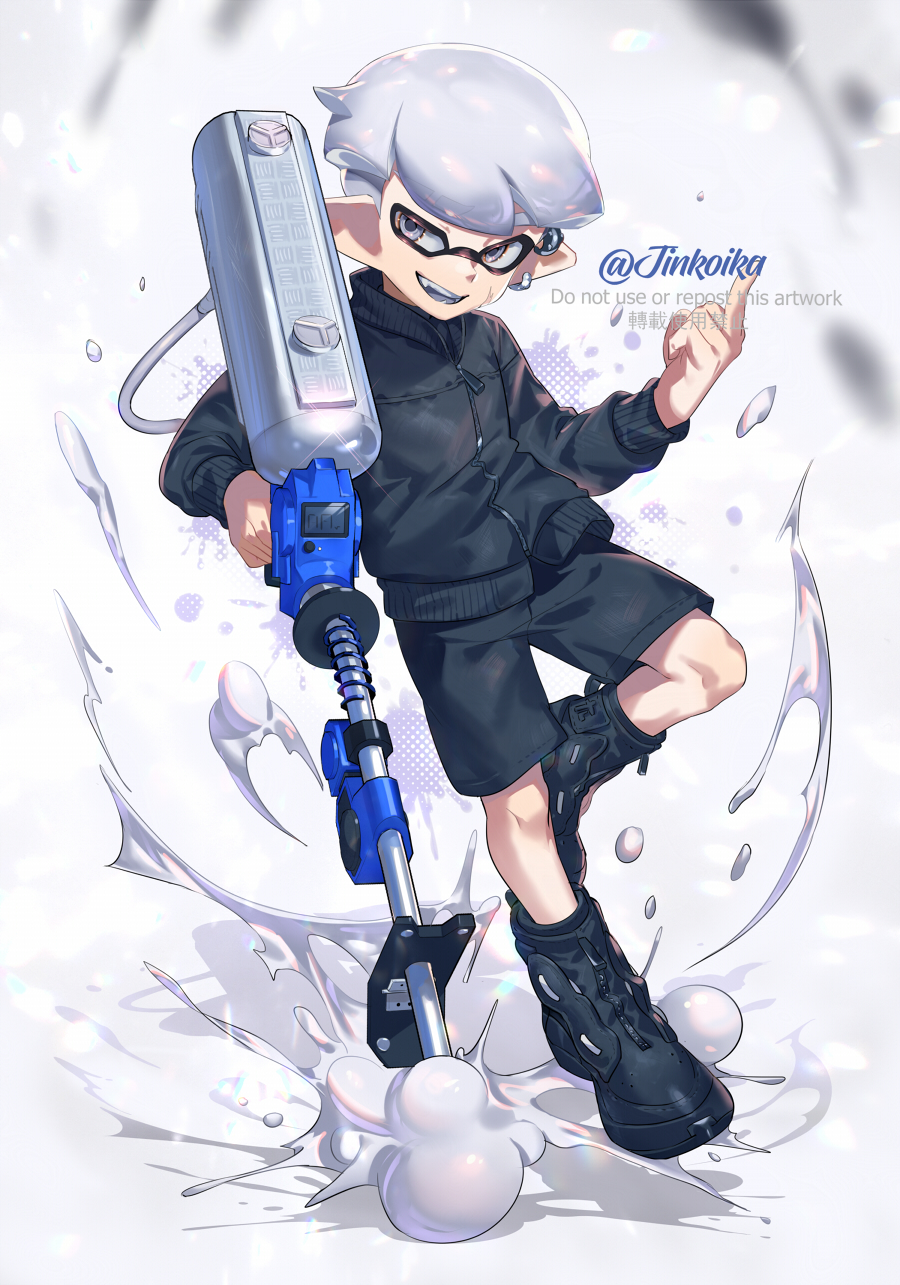 1boy artist_name black_footwear black_shorts black_sweater commentary_request e-liter_4k_(splatoon) full_body grey_eyes grey_hair gun high_tops highres holding holding_gun holding_weapon inkling inkling_boy inkling_player_character jinkoika male_focus middle_finger nintendo paint shoes short_hair shorts sneakers solo splatoon_(series) splatoon_3 sweater twitter_username weapon white_background