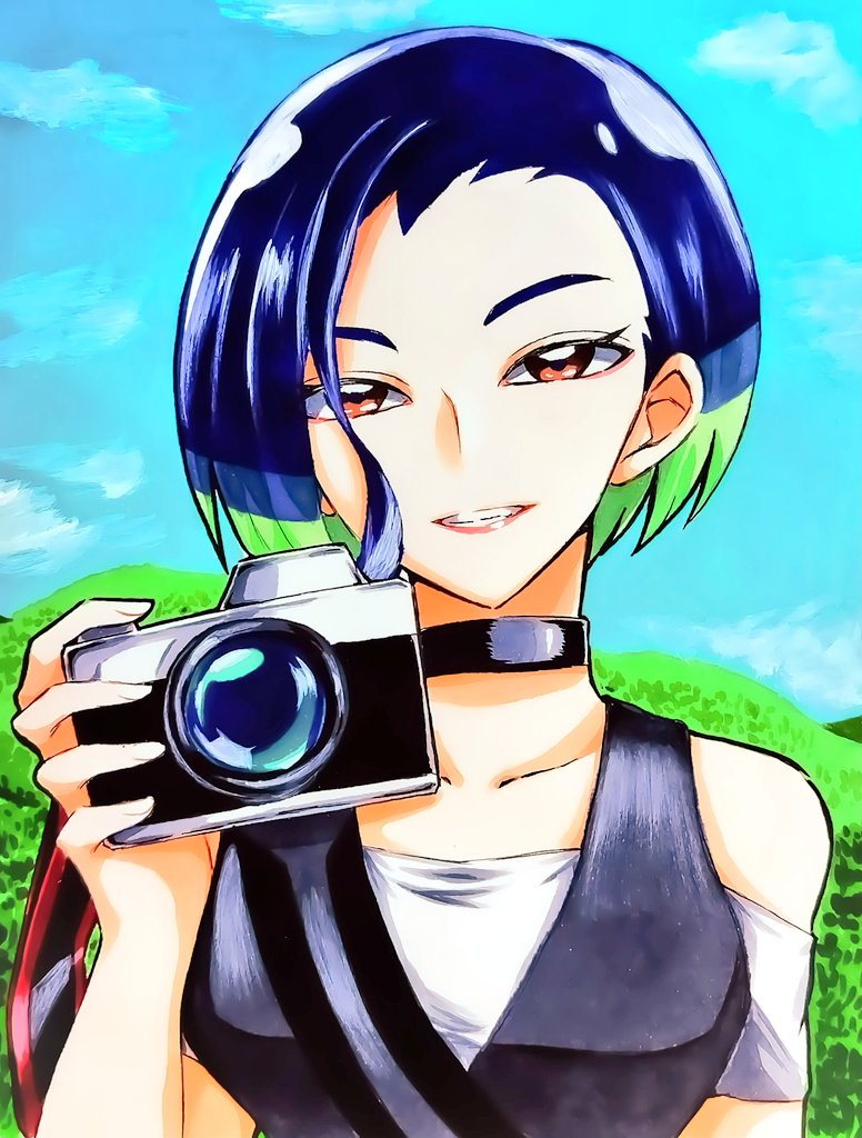 1girl bare_shoulders black_choker blue_hair bob_cut brown_eyes camera choker collarbone creatures_(company) crop_top game_freak gradient_hair grey_shirt grin half-closed_eyes holding holding_camera kyo274494527030 loose_hair_strand multicolored_hair nintendo perrin_(pokemon) photographer pokemon pokemon_sv ribbed_shirt shirt short_hair sleeveless sleeveless_shirt smile solo undershirt upper_body v-neck