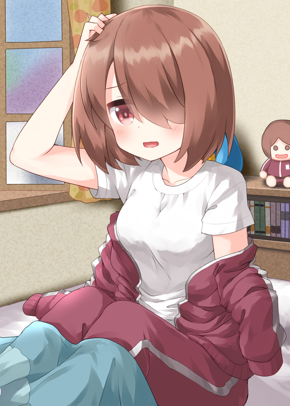 1girl arm_up blush bookshelf brown_hair character_doll collarbone commentary_request hair_over_one_eye hand_on_own_head highres hoshino_miyako_(wataten) indoors jacket long_sleeves on_bed open_clothes open_jacket open_mouth pants red_eyes red_jacket red_pants ruu_(tksymkw) shirt short_hair short_sleeves sitting solo t-shirt track_jacket track_pants track_suit under_covers watashi_ni_tenshi_ga_maiorita! white_shirt window