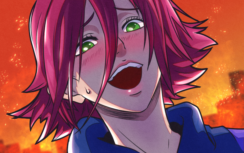 1girl :d aged_up annie_(league_of_legends) blush burning burning_building disaster_girl_(meme) green_eyes hair_between_eyes league_of_legends meme open_mouth phantom_ix_row portrait red_hair scene_reference short_hair smile solo teeth upper_teeth_only