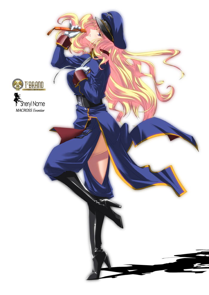 1girl blue_eyes boots female_focus full_body gloves hat high_heel_boots high_heels jpeg_artifacts knee_boots long_hair macross macross_frontier military military_uniform peaked_cap riding_crop sheryl_nome shoes solo standing tnonizyou white_gloves