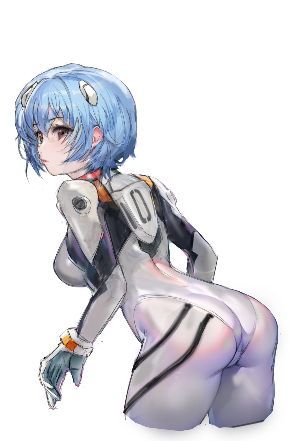 1girl ass ayanami_rei blue_hair bodysuit commentary_request cowboy_shot cropped_legs from_behind highres huo_ji_wu interface_headset looking_to_the_side mecha_pilot_suit neon_genesis_evangelion oekaki plugsuit red_eyes short_hair simple_background solo white_background white_bodysuit