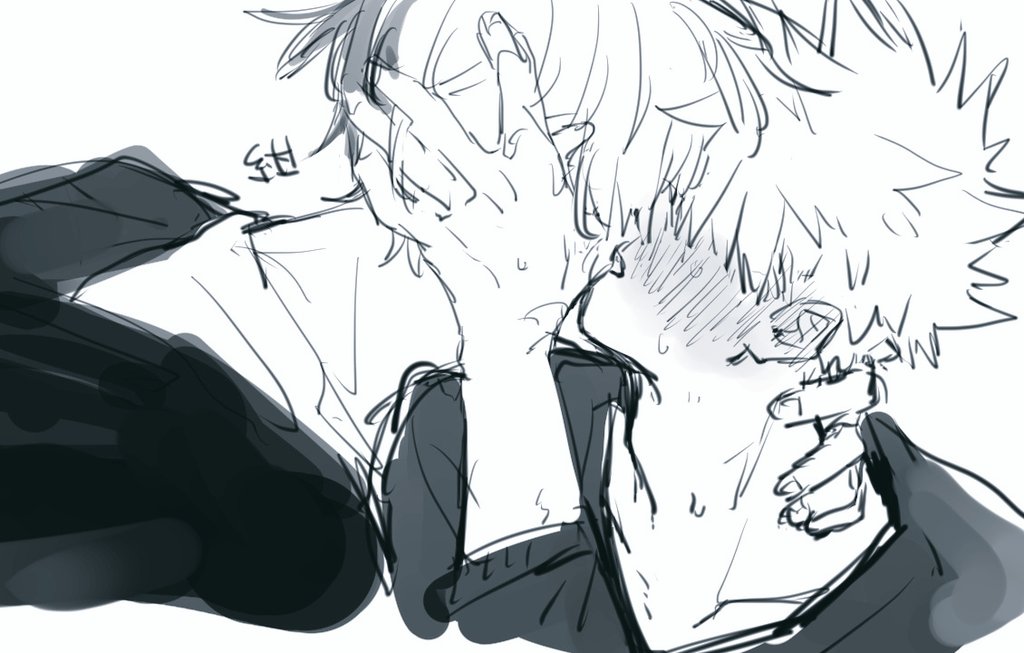 2boys bakugou_katsuki blush boku_no_hero_academia chinese_commentary commentary_request couple covered_eyes full-face_blush greyscale hair_over_eyes hand_on_another&#039;s_face hand_on_another&#039;s_neck kiss konno_27 long_sleeves male_focus monochrome multicolored_hair multiple_boys shirt simple_background spiked_hair split-color_hair sweat sweatdrop todoroki_shouto upper_body v-neck white_background yaoi