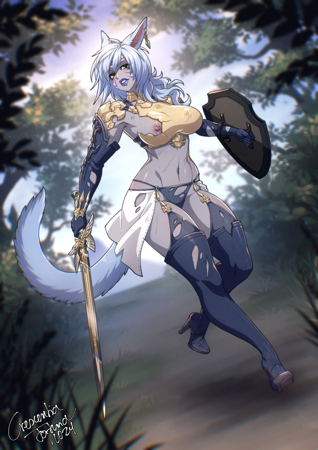 1girl animal_ears armor blue_hair blurry blurry_background boobplate breastplate breasts broken_armor bush cat_ears cat_tail colored_pubic_hair colored_skin commission crescentia-fortuna depth_of_field earrings eyebrows_hidden_by_hair facial_mark female_pubic_hair final_fantasy final_fantasy_xiv forest full_body green_eyes grey_skin hair_between_eyes highres holding holding_shield holding_sword holding_weapon jewelry large_breasts lipstick long_hair looking_at_viewer makeup miqo&#039;te nature navel nipples open_mouth pubic_hair pubic_hair_peek scratches shield signature solo stomach sun sword tail torn_clothes tree walking warrior_of_light_(ff14) weapon