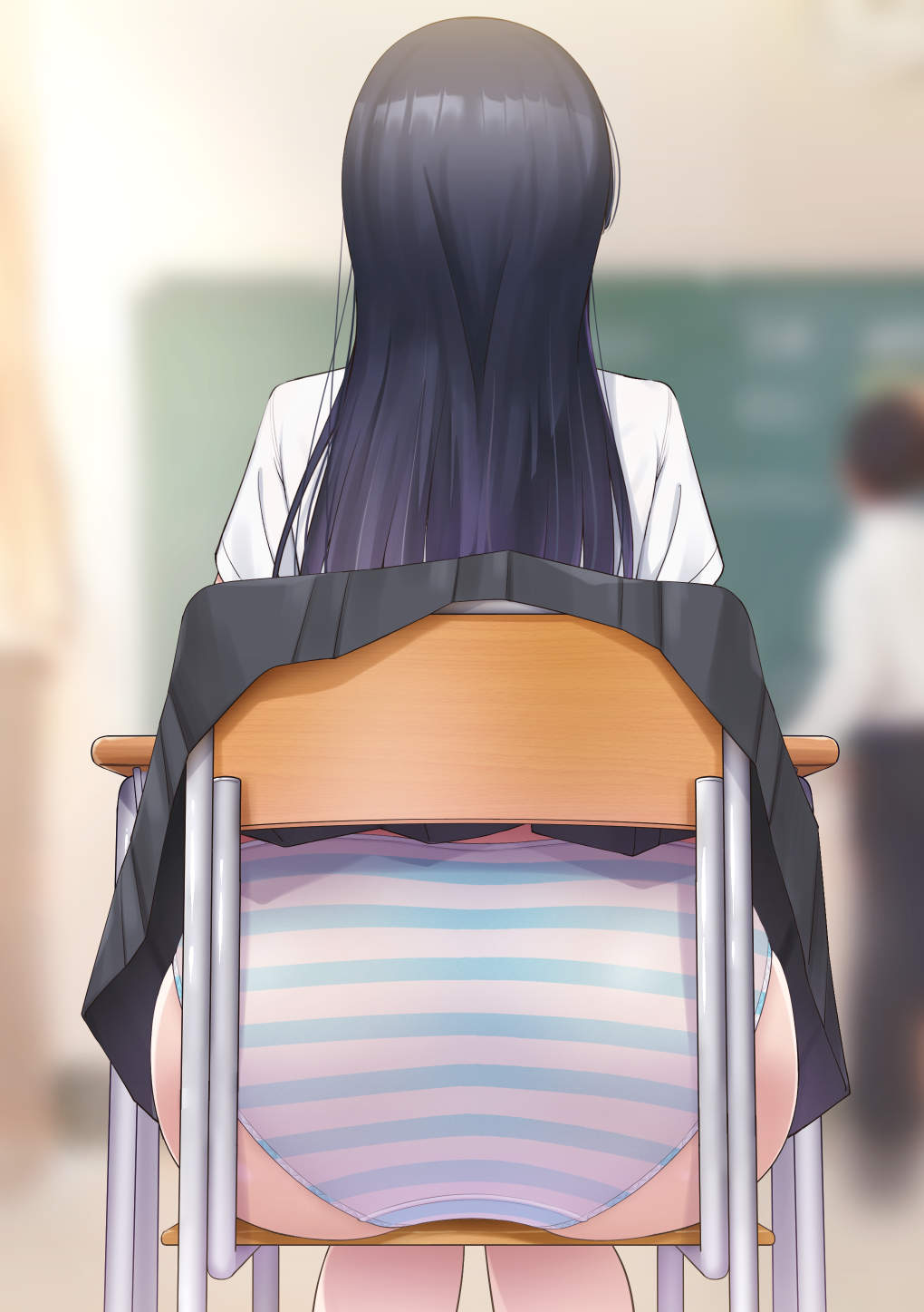 1boy 1girl ass ass_focus black_hair blurry blurry_background chair chalkboard classroom clothes_lift commentary_request desk from_behind highres long_hair mibushiro on_chair original panties pantyshot school_chair school_desk school_uniform shirt short_sleeves sitting skirt skirt_lift solo_focus underwear white_panties white_shirt