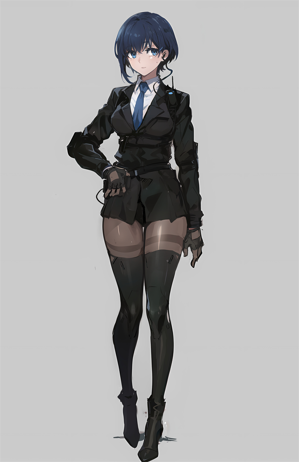 1girl black_footwear black_gloves black_jacket blue_eyes blue_hair blue_necktie boots breasts closed_mouth collared_shirt earpiece fingerless_gloves full_body gloves grey_background high_heels highres jacket las91214 long_sleeves looking_at_viewer necktie original pantyhose shirt short_hair simple_background skirt solo standing tachi-e thigh_boots thighhighs white_shirt