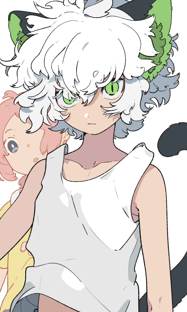 1boy 1girl animal_ears blue_eyes cat_ears cat_tail collarbone eyes_visible_through_hair green_eyes highres looking_at_viewer luo_xiaobai luo_xiaohei luo_xiaohei_(human) luo_xiaohei_zhanji male_focus maruco open_mouth pink_hair shirt short_hair solo_focus tail tank_top upper_body white_hair white_tank_top yellow_shirt