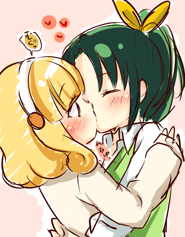 10s 2girls blonde_hair blush couple closed_eyes green_hair hairband heart hug kise_yayoi kiss kuune_rin midorikawa_nao multiple_girls ponytail precure sketch smile_precure! spoken_heart surprise_kiss surprised white_hairband yuri