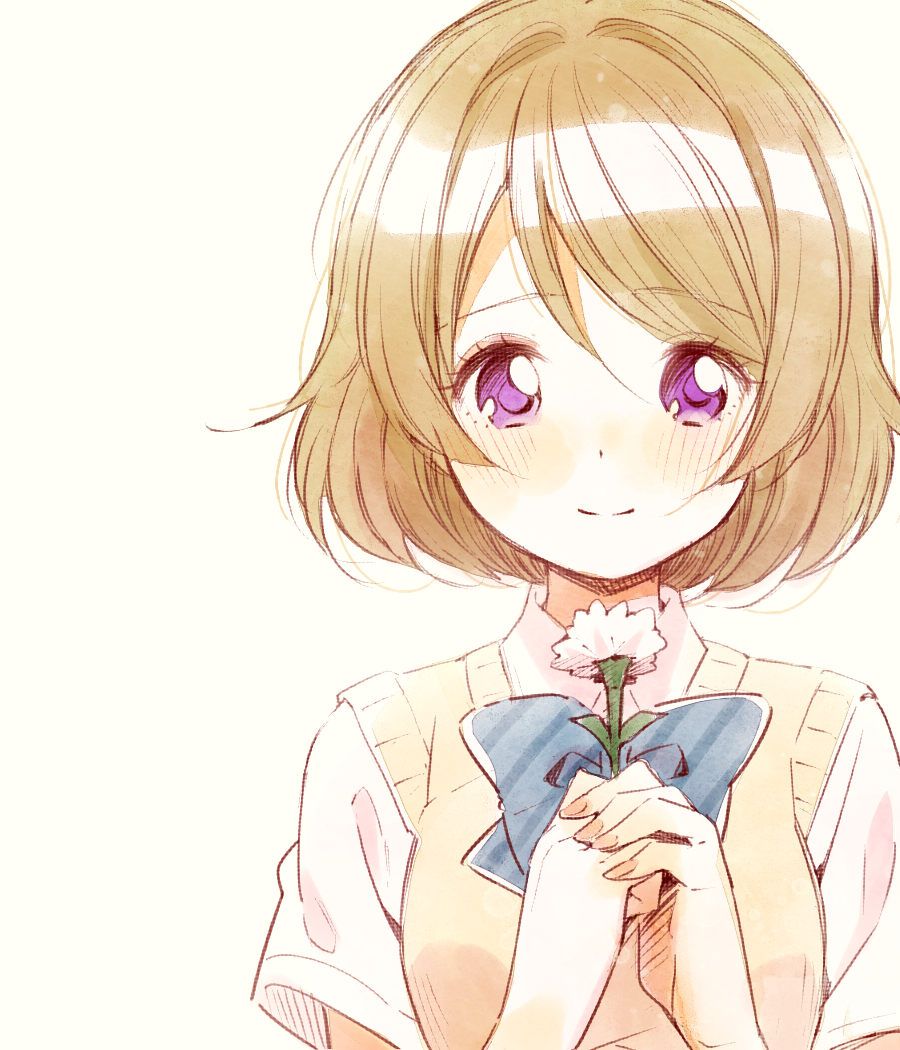 1girl bad_id bad_pixiv_id blue_bow blue_bowtie blush bow bowtie brown_hair female_focus flower holding holding_flower koizumi_hanayo light_blush looking_at_viewer love_live! love_live!_school_idol_project otonokizaka_school_uniform own_hands_together purple_eyes ranan school_uniform short_hair short_sleeves simple_background smile solo striped_bow striped_bowtie striped_clothes striped_neckwear sweater_vest upper_body white_background