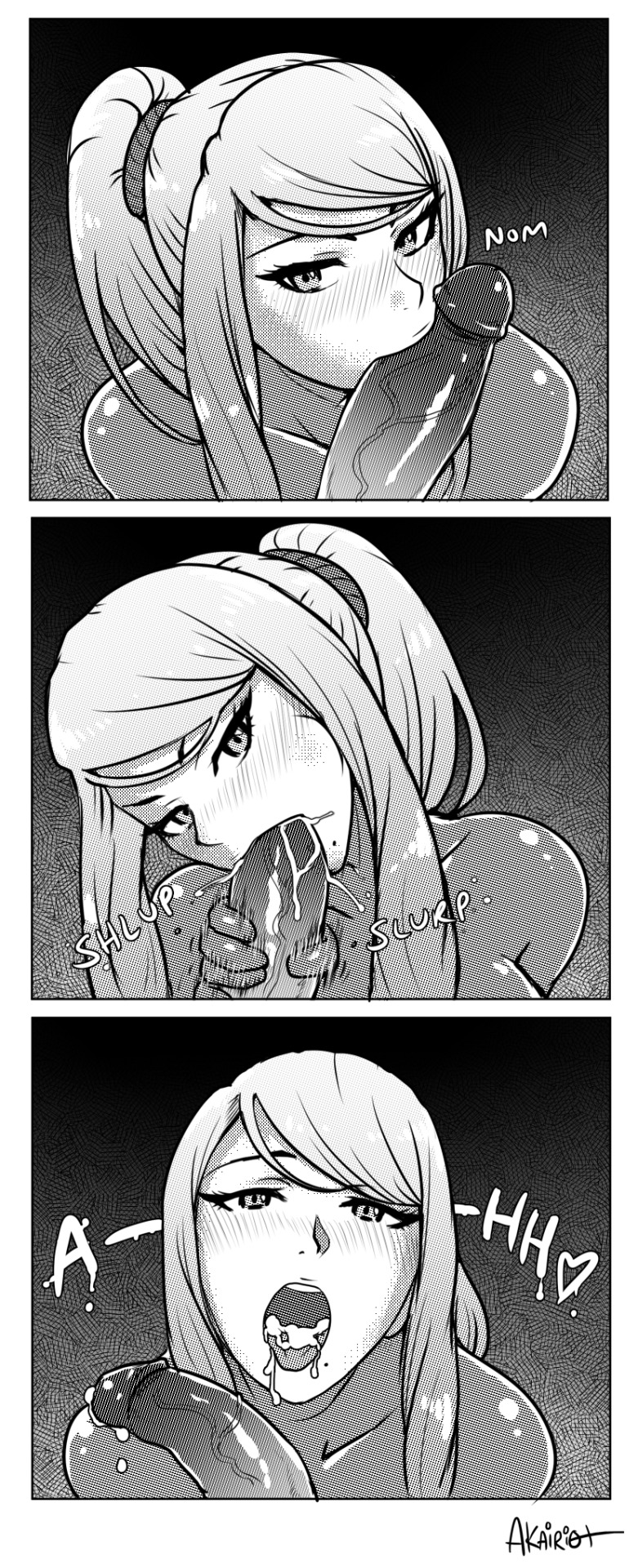 1boy 1girl 3koma akairiot blush cheek_bulge comic cum cum_in_mouth ejaculation fellatio handjob hetero highres long_hair looking_at_viewer metroid mole mole_under_mouth monochrome nintendo open_mouth oral penis ponytail pov samus_aran solo_focus tongue uncensored zero_suit