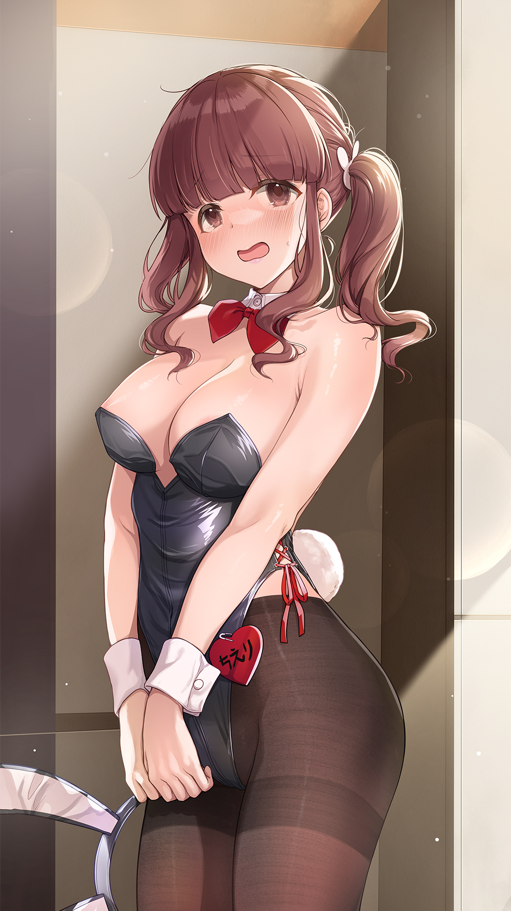 1girl :o animal_ear_hairband animal_ears black_leotard black_pantyhose blunt_bangs blush bow bowtie breasts brown_hair cleavage commentary_request detached_collar fake_animal_ears groin hairband highres holding_hairband idolmaster idolmaster_shiny_colors leotard looking_at_viewer medium_breasts mk_(mod0) name_tag ogata_chieri pantyhose playboy_bunny rabbit_ear_hairband rabbit_ears rabbit_tail red_bow red_bowtie solo strapless strapless_leotard tail thighband_pantyhose twintails wrist_cuffs