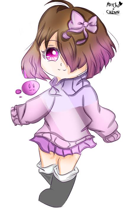 akumu_(glitchtale) bete_noire black_socks brown_hair chibi glitchtale pink_eyes pink_hair pink_shirt pink_skirt purple_shirt ribbon_hair shirt short_hair skirt smile socks undertale white_background