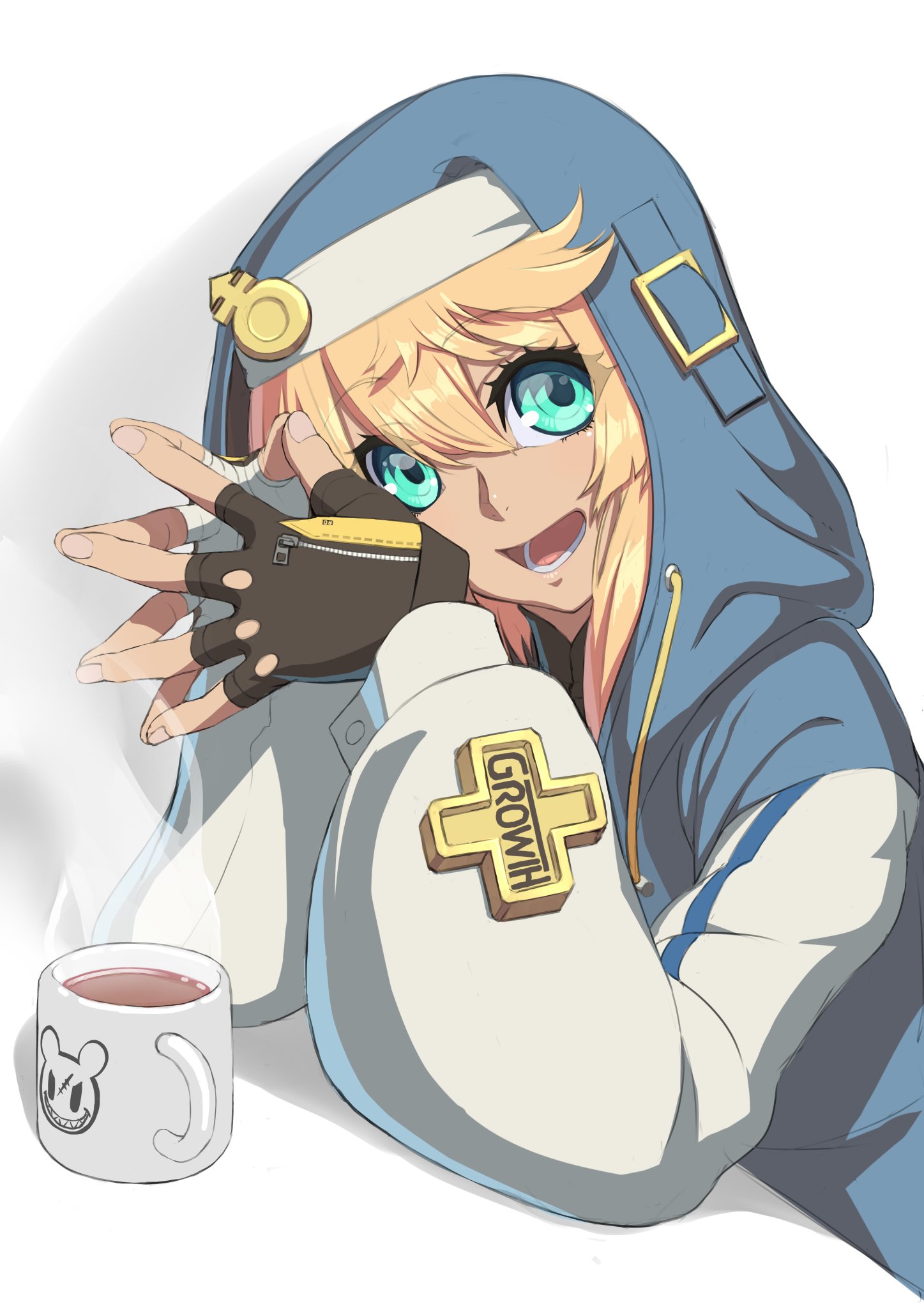 bridget (guilty gear), guilty gear, guilty gear strive, highres, 1boy,  androgyne symbol, black gloves, blonde hair, cup, fingerless gloves,  gloves, green eyes, habit, hood, hood up, hooded jacket, hoodie, jacket,  kai3 ika