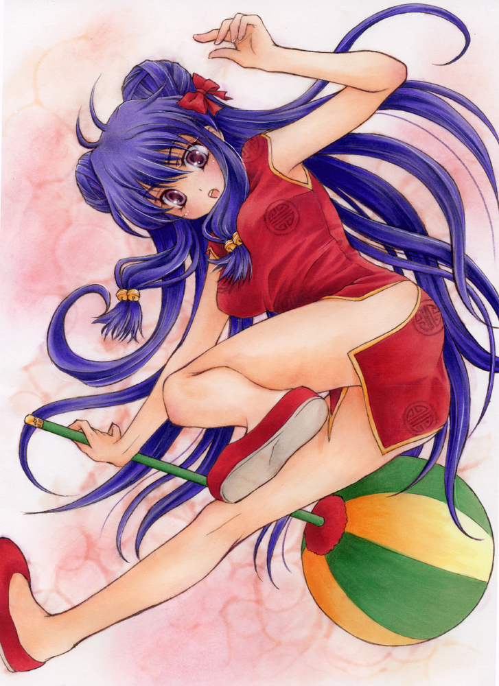 1girl aoi_yuuka_(ao_no_kokoro) ball blue_hair china_dress chinese_clothes chui double_bun dress female_focus hair_bun hair_ornament legs long_hair no_socks open_mouth purple_eyes ranma_1/2 shampoo_(ranma_1/2) solo weapon