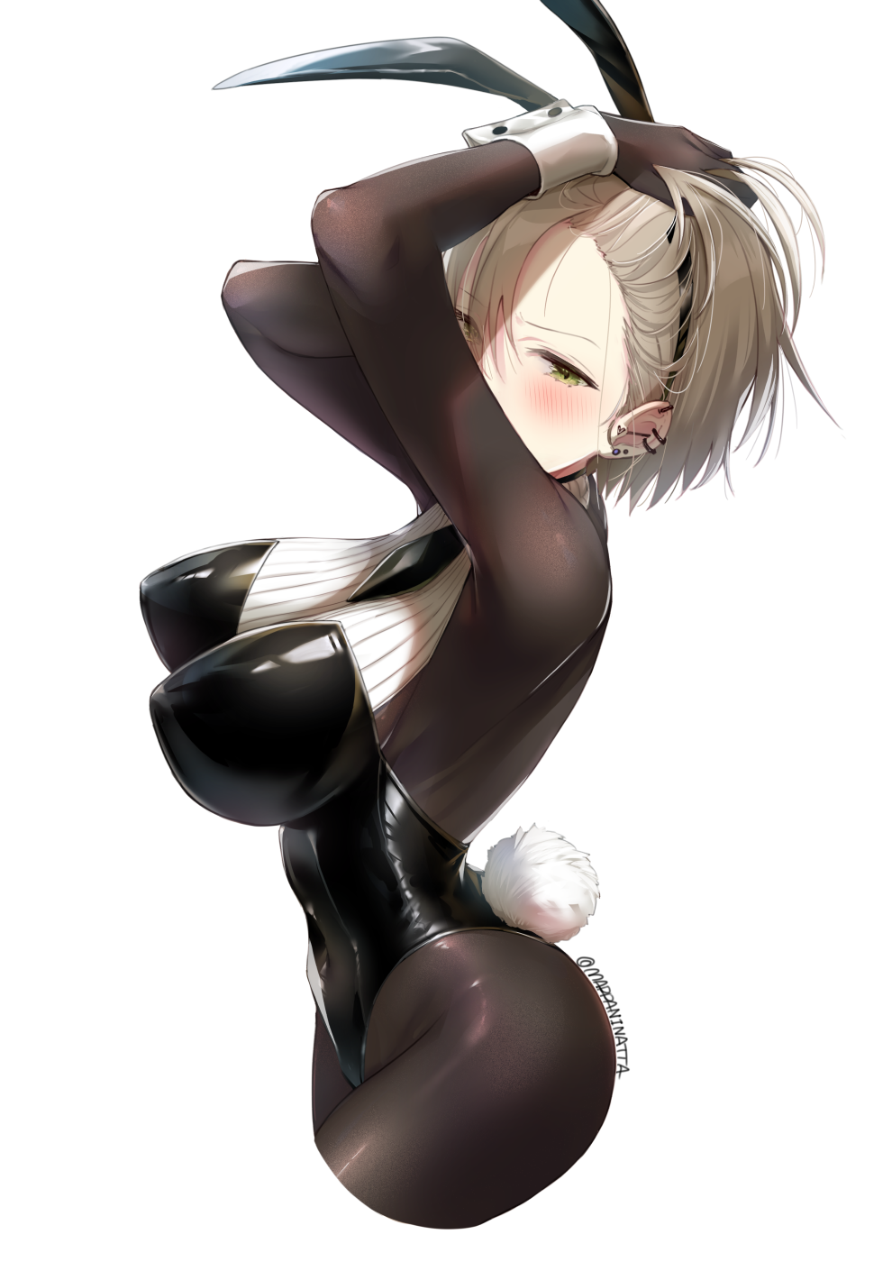 1girl animal_ears arms_up artist_name black_bodysuit black_hairband black_leotard blush bodysuit bodysuit_under_clothes breasts brown_hair covered_navel cropped_legs ear_piercing earrings fake_animal_ears from_side green_eyes hairband hand_in_own_hair heart heart_earrings highres jewelry large_breasts leotard looking_at_viewer mappaninatta original piercing playboy_bunny rabbit_ears rabbit_tail shiny_clothes short_hair sideways_glance simple_background solo strapless strapless_leotard tail white_background wrist_cuffs