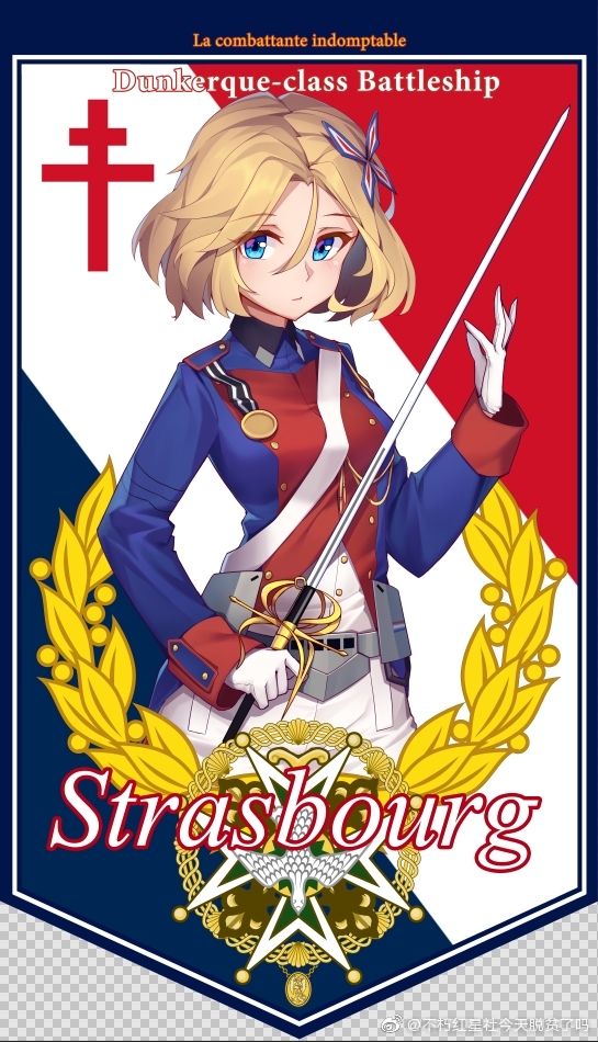 1girl belt blonde_hair blue_eyes buxiuhongxingshe_jintiantuopinlema character_name english_text flag_background french_flag gloves hair_ornament holding holding_sword holding_weapon long_sleeves looking_at_viewer medal military military_uniform rapier saber_(weapon) short_hair solo strasbourg_(warship_girls_r) sword warship_girls_r weapon weibo_logo weibo_watermark white_gloves