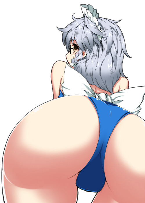 1girl ass bespectacled braid female_focus from_behind glasses izayoi_sakuya leotard looking_back maid_headdress short_hair silver_hair simple_background solo tajima_yuuki touhou white_background