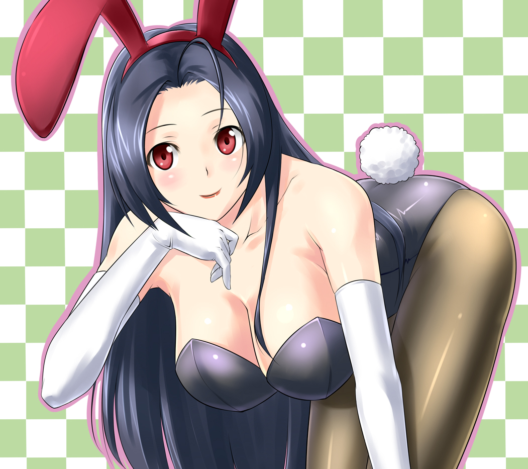 1girl animal_ears bent_over blue_hair breasts cleavage elbow_gloves fake_animal_ears female_focus gloves hanging_breasts idolmaster idolmaster_(classic) large_breasts legs leotard lips long_hair miura_azusa pantyhose playboy_bunny rabbit_ears rabbit_tail red_eyes shougi_(116) solo tail thighs