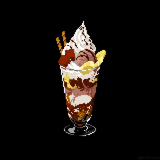 black_background chocolate chocolate_syrup cream dessert food food_focus glass ice_cream lowres no_humans original parfait pixel_art pixel_zima simple_background sweets wafer_stick