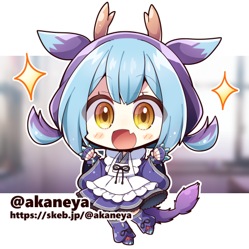 1girl akaneya blue_hair blue_tail blush chibi commission dragon_girl dragon_horns dragon_tail duel_monster fang full_body horns laundry_dragonmaid lowres maid open_mouth skeb_commission skin_fang solo tail twitter_username yellow_eyes yu-gi-oh!