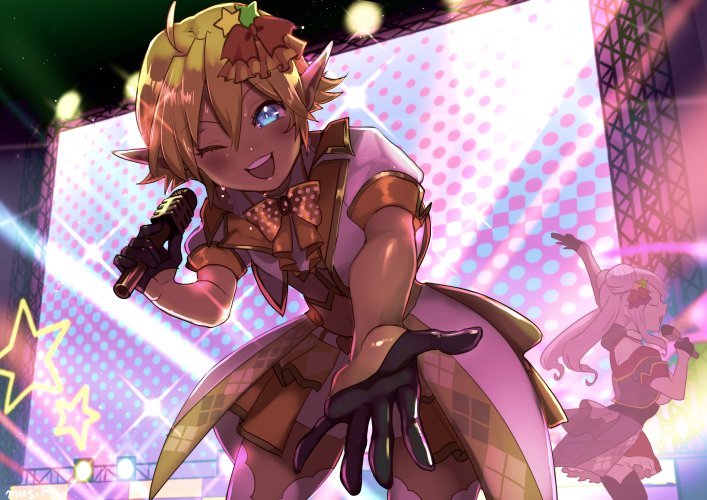 2girls aura_bella_fiora belt blonde_hair blue_eyes cowboy_shot dark_elf dark_skin elf frills gloves hair_ornament heart heterochromia holding holding_microphone idol looking_at_viewer masiro microphone multiple_girls navel one_eye_closed open_mouth overlord_(maruyama) pointy_ears reaching reaching_towards_viewer reverse_trap ribbon shalltear_bloodfallen shorts smile solo_focus stage stage_lights star_(symbol) teeth thighhighs upper_teeth_only