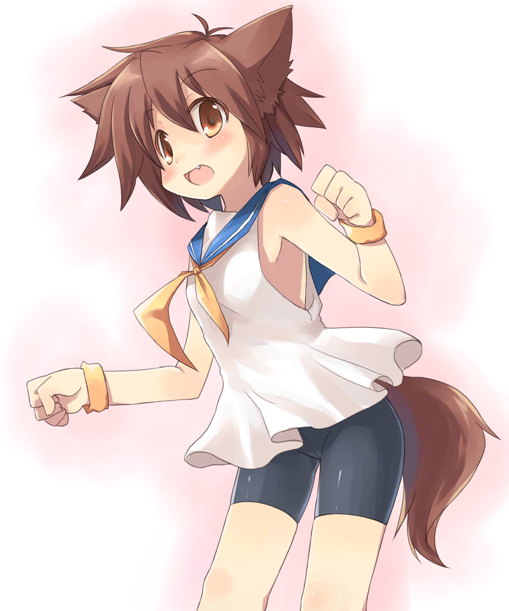 1girl animal_ears armpits bike_shorts blush borrowed_character brown_eyes brown_hair fang female_focus highres original short_hair solo tail toba_hiyoko