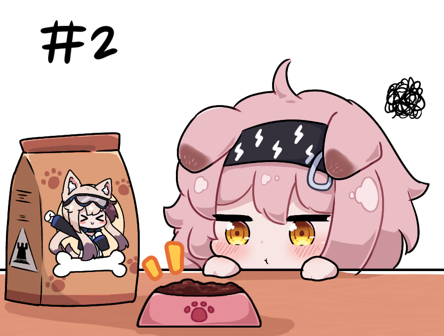 &gt;_&lt; 1girl :t ahoge animal_ears arknights black_hairband blush bowl cameo cardigan_(arknights) cat_ears chibi closed_mouth goldenglow_(arknights) hairband kurotofu lightning_bolt_print numbered pet_bowl pet_food pink_hair pout simple_background solo squiggle table white_background yellow_eyes