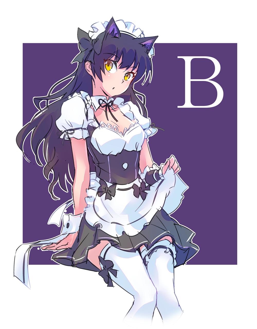 1girl alternate_costume animal_ears apron black_bow black_dress black_hair black_ribbon blake_belladonna blush bow bowtie breasts cat_ears cat_girl cleavage collarbone detached_collar dress enmaided extra_ears facing_viewer faunus_(rwby) frilled_apron frills hair_bow hair_ornament hair_ribbon highres holding holding_apron iesupa long_hair looking_at_viewer maid maid_apron maid_headdress medium_breasts parted_lips pleated_skirt puffy_short_sleeves puffy_sleeves purple_background ribbon rwby short_sleeves sitting skirt solo thighhighs waist_apron white_apron white_dress white_thighhighs wrist_cuffs yellow_eyes