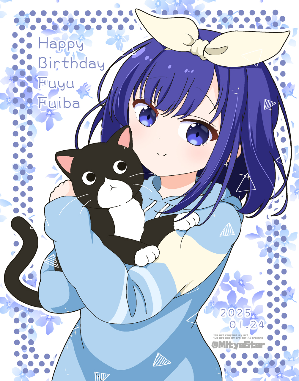 1girl animal animal_hug black_cat blue_eyes blue_hair blue_hoodie cat character_name closed_mouth commentary_request dated drawstring english_text floral_background fuiba_fuyu gochuumon_wa_usagi_desu_ka? hair_ribbon happy_birthday highres hood hood_down hoodie long_sleeves mitya puffy_long_sleeves puffy_sleeves ribbon sleeves_past_wrists smile solo upper_body watermark white_background white_ribbon