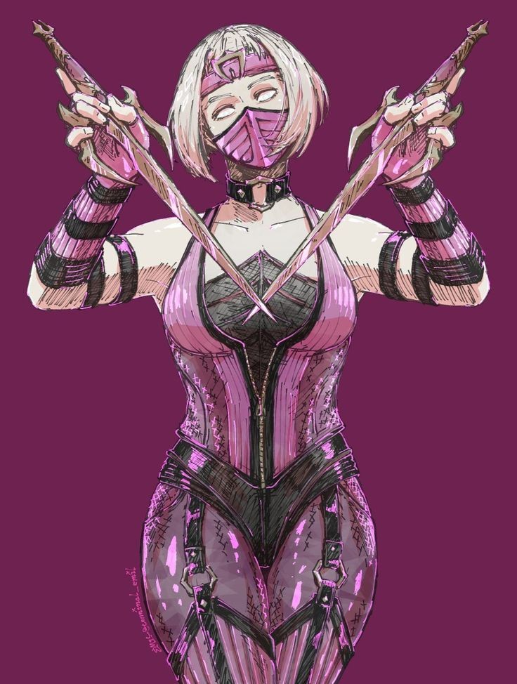 1girl khameleon mortal_kombat_(series) pink_background pink_ribbon pink_shirt ribbon shirt solo white_hair