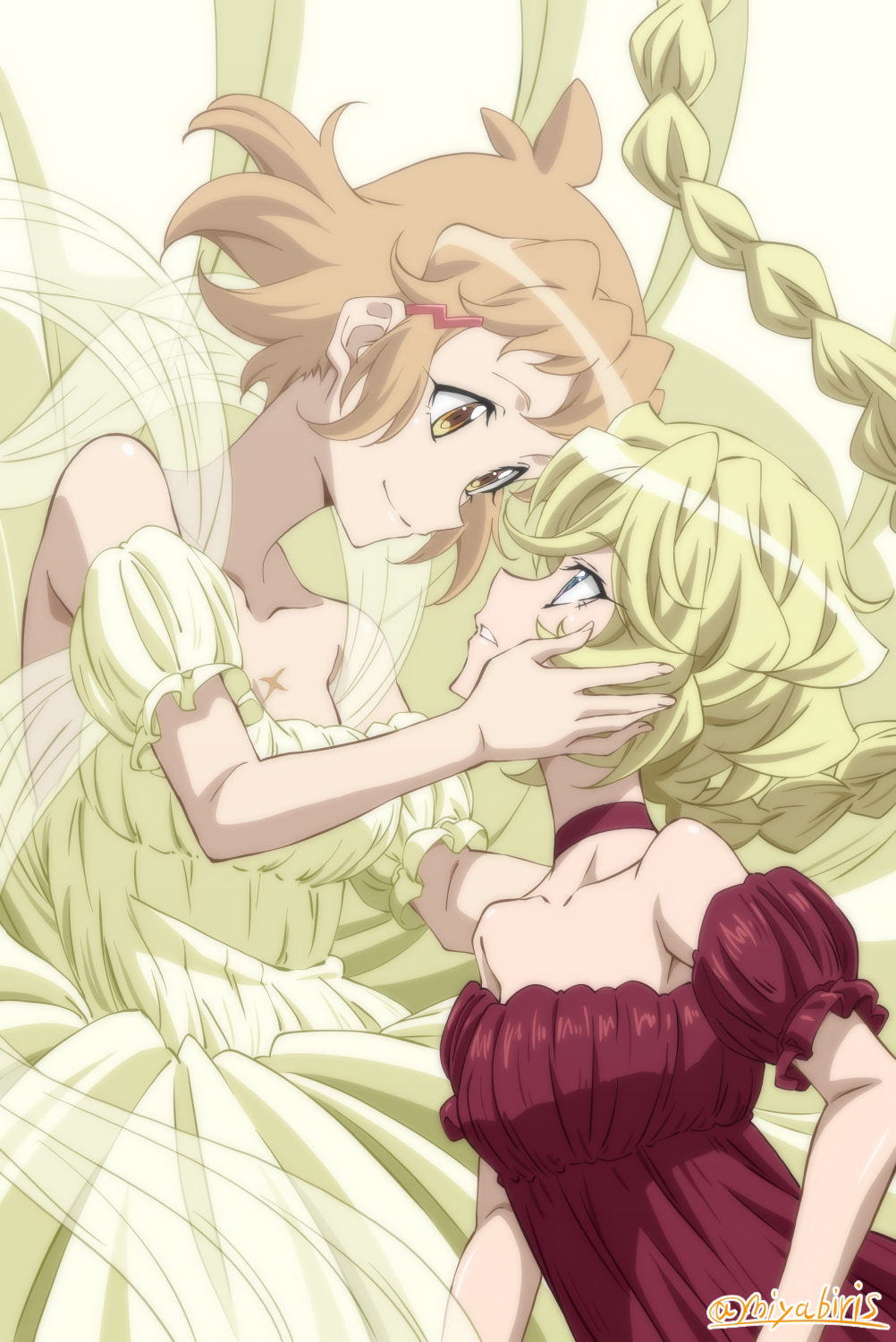 2girls artist_name bare_shoulders blonde_hair blue_eyes blush breasts carol_malus_dienheim choker closed_mouth collarbone dress hair_ornament hairclip highres looking_at_another medium_breasts miyabi_mt-b multiple_girls parted_lips red_choker red_dress scar senki_zesshou_symphogear short_hair small_breasts smile tachibana_hibiki_(symphogear) yellow_dress yellow_eyes yuri