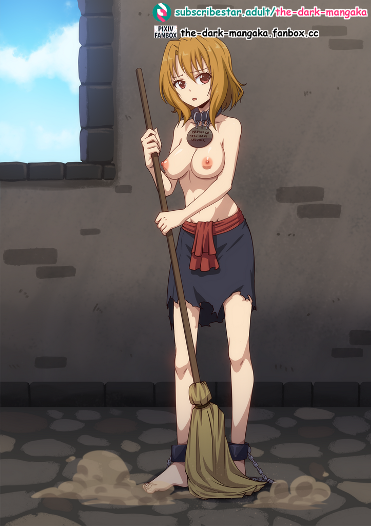 1girl breasts broom brown_eyes brown_hair collar cuffs indoors medium_breasts momioka_risa nipples shackles short_hair slave slave_clothes standing sweeping the_dark_mangaka to_love-ru topless window working