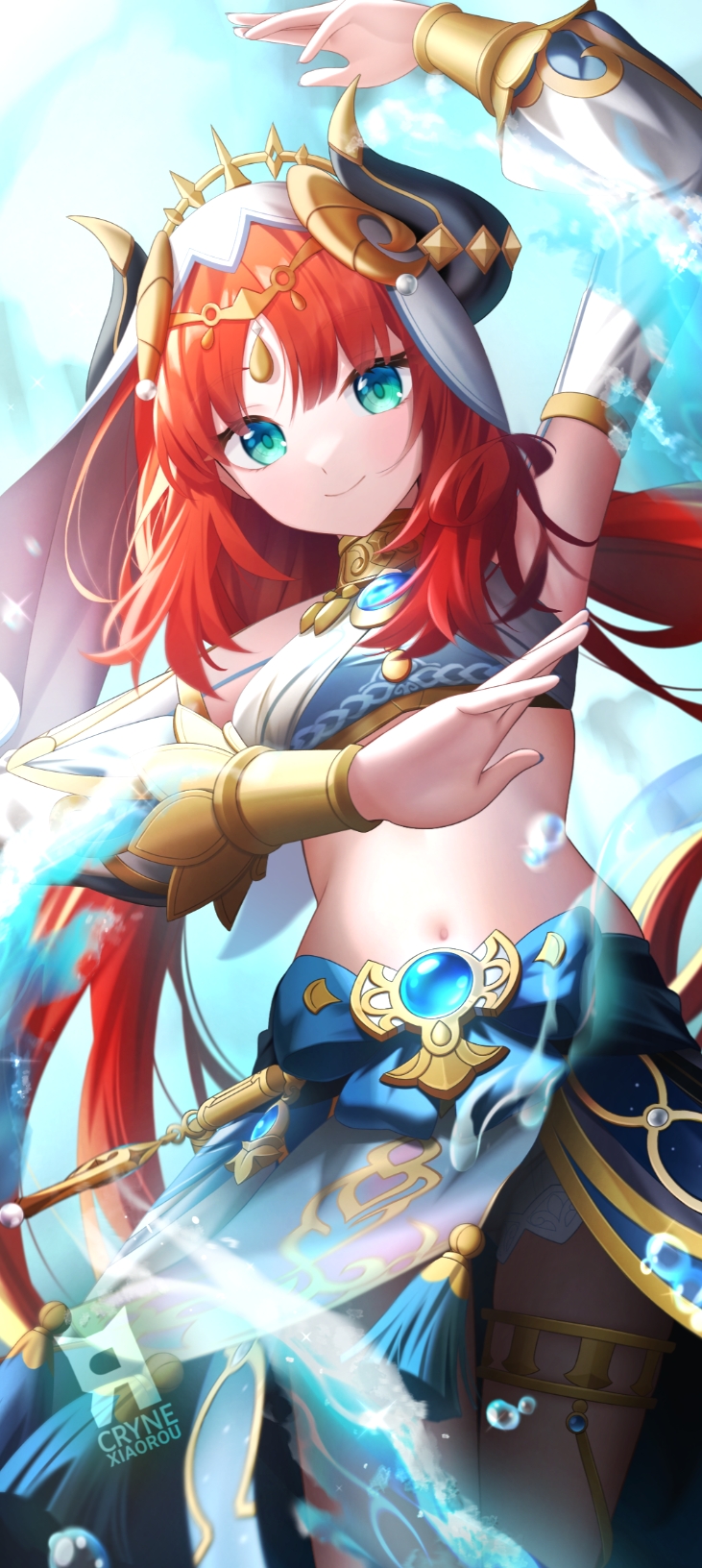 1girl aqua_eyes artist_name blue_gemstone blue_skirt breasts circlet commentary cowboy_shot crop_top cryne detached_sleeves fake_horns gem genshin_impact gold_trim headdress highres horns hydrokinesis jewelry long_hair looking_at_viewer medium_breasts navel nilou_(genshin_impact) parted_bangs ponytail red_hair revision skirt smile solo stomach thighlet veil very_long_hair water white_veil