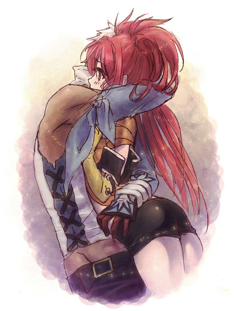 1boy 1girl ass belt blush couple dark_skin grey_hair hetero hug jako_(toyprn) long_hair loni_dunamis midriff nanaly_fletch pants red_hair shorts tales_of_(series) tales_of_destiny tales_of_destiny_2 twintails vest