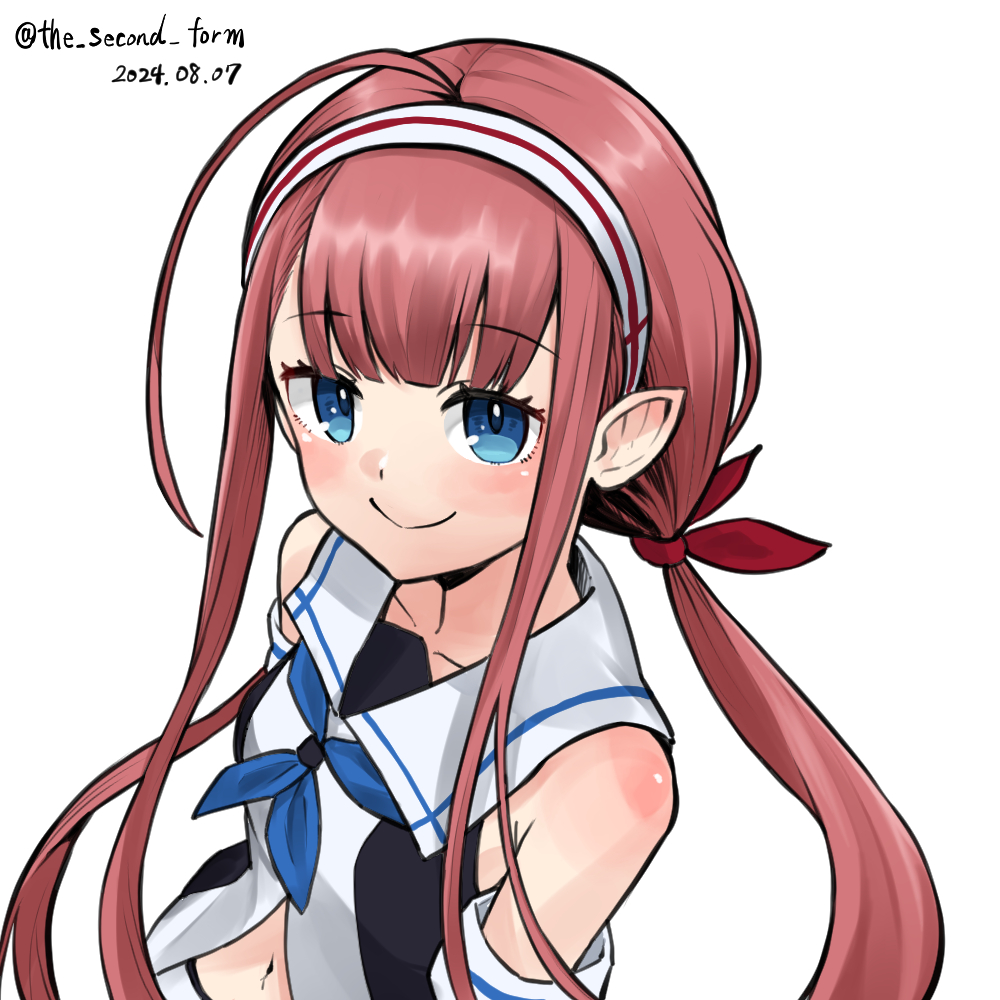 1girl ahoge blue_eyes blue_neckerchief dated detached_sleeves hairband holly_dainikeitai kantai_collection kawakaze_(kancolle) long_hair low_twintails neckerchief one-hour_drawing_challenge pointy_ears red_hair sailor_collar school_uniform serafuku shirt simple_background sleeveless sleeveless_shirt smile solo twintails twitter_username upper_body white_background white_hairband white_sailor_collar