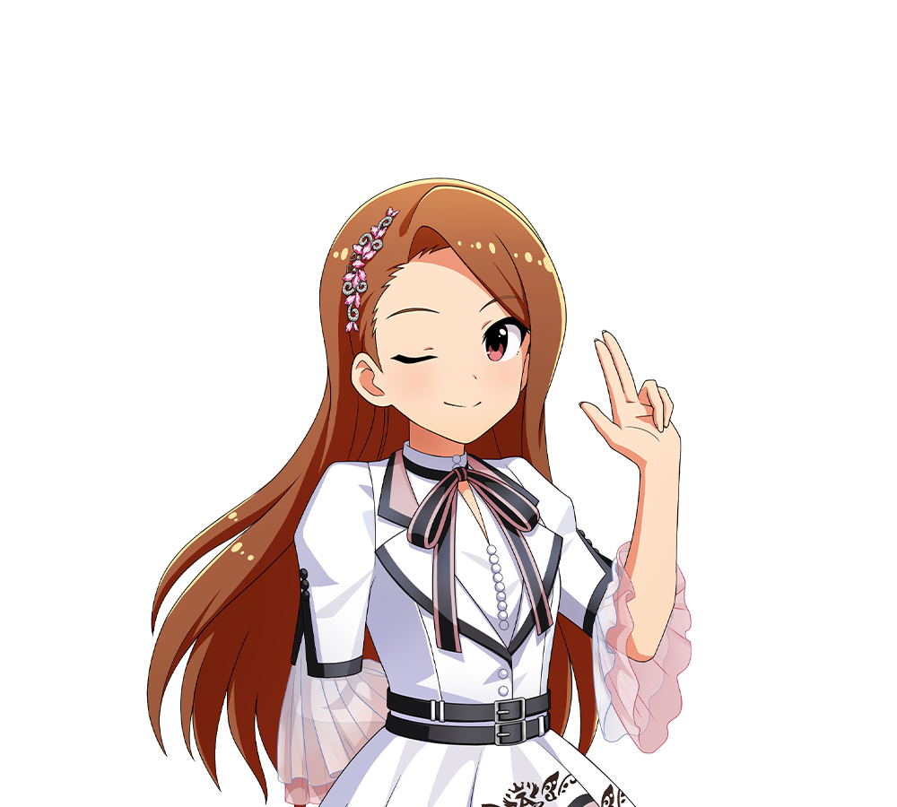 1girl belt brown_hair forehead idol_clothes idolmaster idolmaster_(classic) minase_iori neck_ribbon official_art one_eye_closed red_eyes ribbon smile solo transparent_background